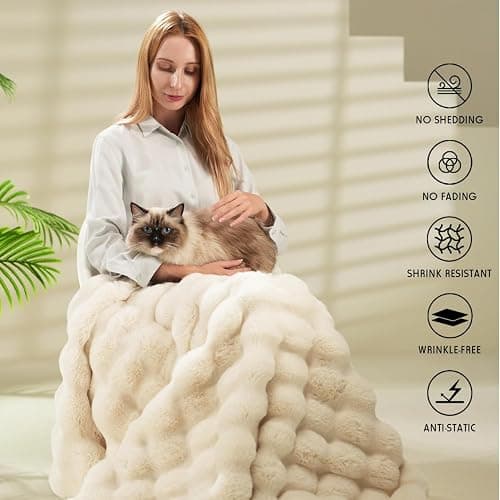 macinso Super Comfort Oversized Warm Thick Bubble Luxury Plush Rabbit Faux Fur Throw Blanket, Fluffy Blanket,Soft Cozy Blanket for Couch Chair Bed Sofa Living Room (White, 60inX80in) thumbnail 5