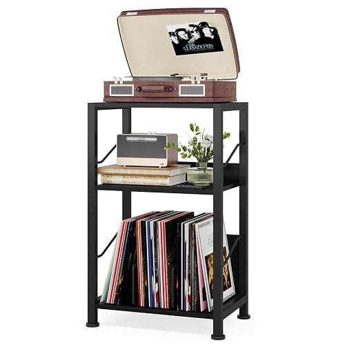 Hosfais 3 Tier Record Player Stand, Retro Vinyl Record Storage End Table Records for Living Room Bedroom (Black) - Image 1