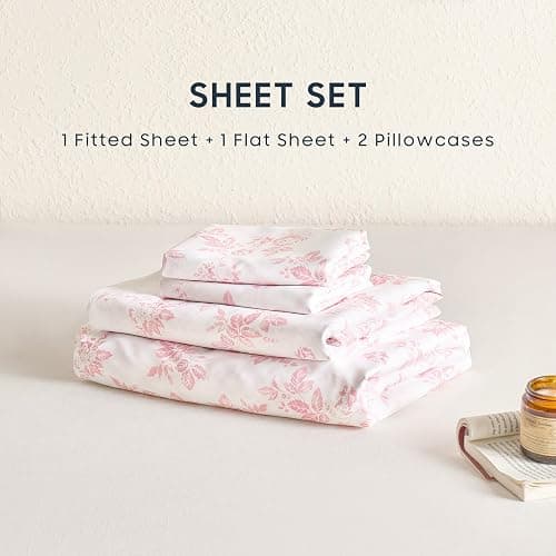 Wake In Cloud - Floral Bed Sheets, 4-Piece Sheet Set, Shabby Chic Botanical Coquette Cottagecore Vintage Flower Pattern Printed Bedding, Deep Pocket, Pink, Queen Size thumbnail 2