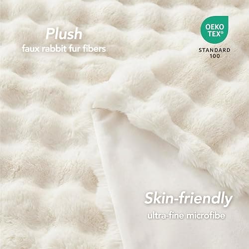 L'AGRATY Faux Rabbit Fur Blanket: 130x160cm Luxury Soft Fluffy Thick Fur Throw Blanket for Couch Bed Sofa - Cozy Plush Bubble Blankets with Warm Flannel Fleece(Single,Cream White) thumbnail 3
