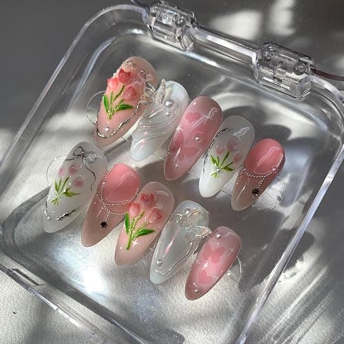 10Pcs Handmade Press on Nails Medium Almond Fake Nails Pink Rose Bow Rhinestones with Heart Charms Glitter Designs Full Cover Gradient Pink Glue on Nails Cute False Nails for Women Girls Acrylic Nails thumbnail 2