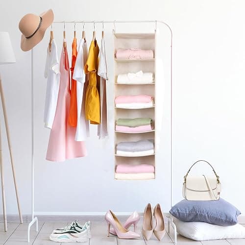 MAX Houser 6 Tier Shelf Hanging Closet Organizer, Cloth Hanging Shelf with 2 Sturdy Hooks for Storage, Foldable (Beige) - Beige thumbnail 2