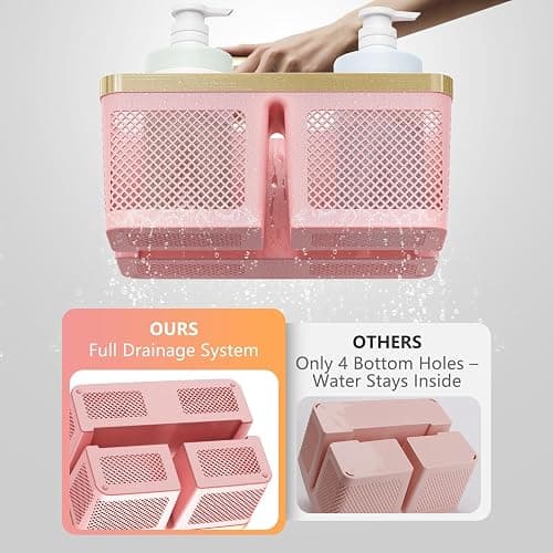 BYUNER Shower Caddy Dorm Plastic: Portable Bathroom Caddy Organizer with Handle and Holes, Cleaning Caddy, Hard Shower Basket Storage Tote for Toiletry, College Dorm Room Essentials Pink/Gold thumbnail 3