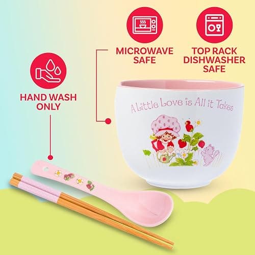 Silver Buffalo Strawberry Shortcake and Custard “A Little Love is All it Takes” Ceramic Ramen Bowl with Chopsticks and Spoon, 20 Ounces thumbnail 5