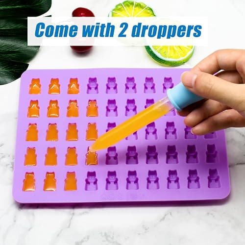 5 PCS Gummy Candy Molds Silicone, Food Grade Non-Stick Gummy Bear Mold Mini Fruit Snacks Molds BPA Free with 2 Droppers Including Mini Dinosaur, Bear, Heart, Fruit and Donut (Multicolor) thumbnail 4