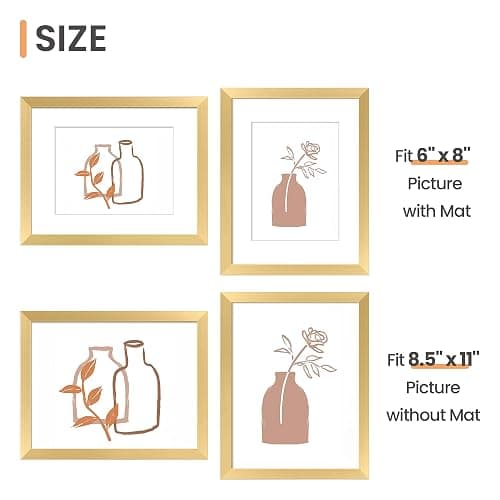 upsimples 8.5x11 Picture Frame Set of 5, Display Pictures 6x8 with Mat or 8.5 by 11 Without, Wall Gallery Photo Frames, Gold thumbnail 5