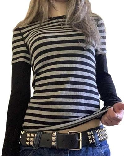 Barbotimer Womens Y2k Striped Shirt Fairy Grunge Baggy Long Sleeve Tops | Stylish Off Shoulder Slim Fit T-Shirts Vintage Aesthetic Alt Emo Gothic Clothes 2000s Harajuku Teens Girls Tee Top Streetwear - Image 1