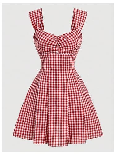 Floerns Women's Plaid Ruched Bust Sleeveless Bowknot Pleated Short Dresses | Checkered Gingham Print, Mini, Dance, Vacation, Summer, Y2K Vintage Sundress thumbnail 2