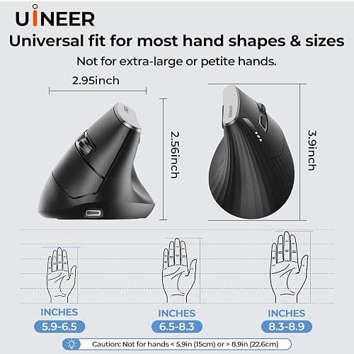Uineer Wireless Ergonomic Mouse, Bluetooth Mice (BT4.0/5.0 and 2.4G) Rechargeable Vertical Mouse, 3 Multi-Device Connectivity for PC/Mac/Laptop/Computer, 4 DPI Quiet Clicks for Office, Home, Black thumbnail 8