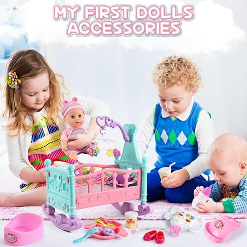 deAO 12” Baby Doll Play Set with Crib, Mobile, High Chair Feeding Accessories, Interactive Dolls for Girls Kids Pretend Play Baby Dolls 21 PCS thumbnail 8
