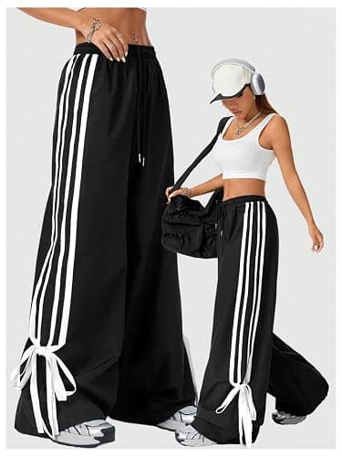 BEAUDRM Women's Y2K Baggy Bow Wide Leg Pants Striped Track Elastic Waist Long Sweatpants Parachute Pants thumbnail 6