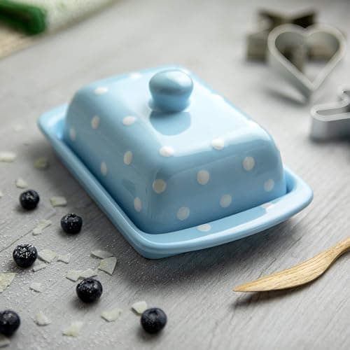 City to Cottage Large Butter Dish with Lid for Countertop, Ceramic Butter Keeper, Butter Container with Knob Handle, Butter Holder Tray with Cover, Handcrafted Sky, Baby Blue Polka Dot Butter Dish thumbnail 2