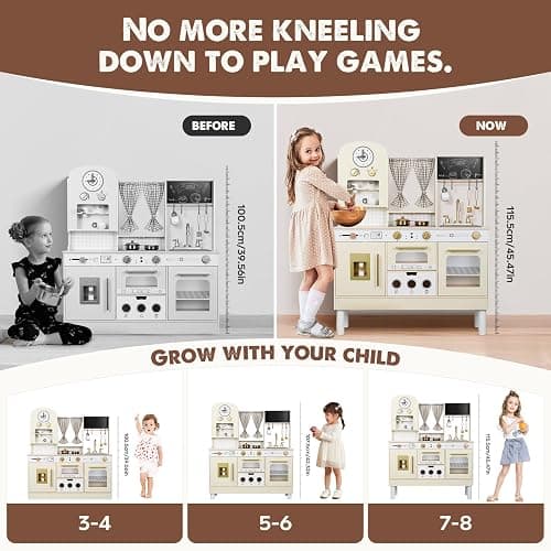 EDUBEBO Kids Kitchen playset, Wooden Play Kitchen, Height Adjustable, Comes with Various Kitchen Accessories, Ideal Role Play Toy Gift for Toddlers and Kids Ages 3-8 (White) thumbnail 3