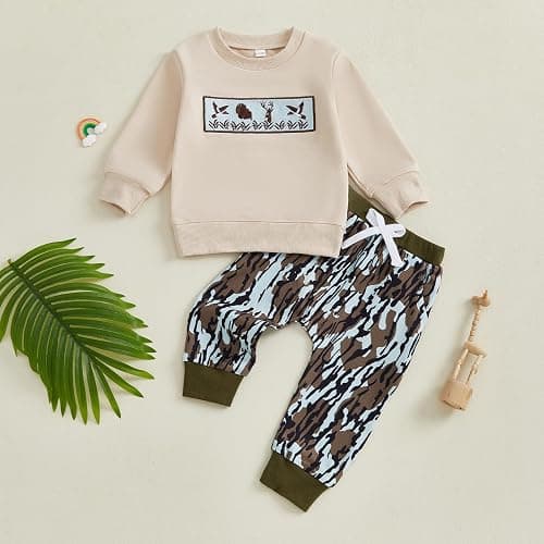 Vicaankue Toddler Baby Boy Hunting Outfit Duck Deer Embroidery Long Sleeve Sweatshirt Camo Pants Set 2Pcs Fall Winter Clothes thumbnail 5