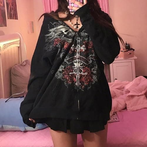 Yuemengxuan Womens Y2K Zipper Hoodie Long Sleeve Sweatshirt Harajuku Punk Grunge Tops Oversized Vintage Streetwear thumbnail 2