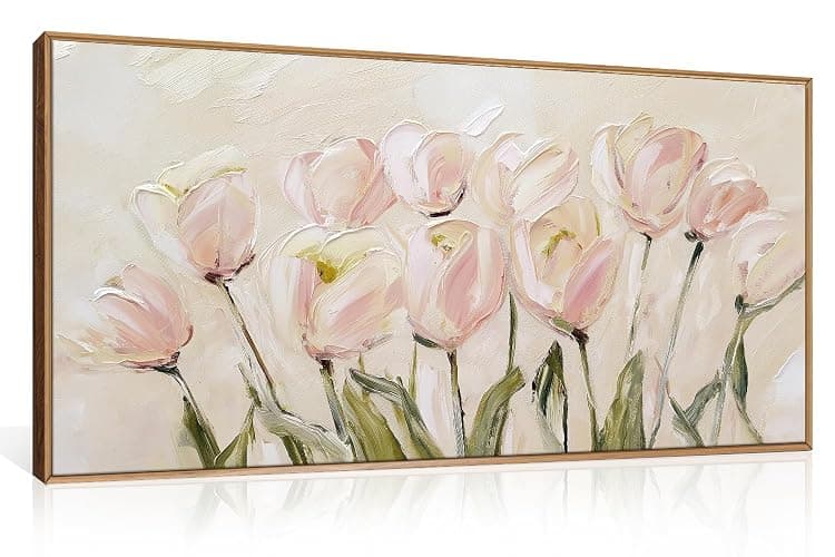 CHDITB Tulip Floral Framed Canvas Wall Art, 20"X40" Watercolor Flower Pink Tulip Textured Oil Painting, Modern Wildflower Wall Decor, Large Pink Floral Artwork for Living Room, Bedroom, Office - Image 1