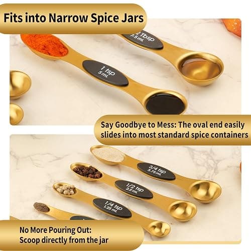 Gold Magnetic Measuring Spoons Set Stainless Steel with Leveler, Dual-Sided Stackable Metal Measuring Spoons for Baking & Cooking, Fits in Spice Jars, Heavy Duty Kitchen Gadgets, 8 Spoons & 1 Leveler thumbnail 8