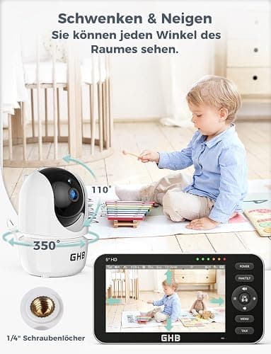 GHB Babyphone mit 2 Kameras 5 Zoll 720P HD Display mit bis zu 168h Akkulaufzeit im VOX Schlafmodus Gegensprechen Nachtsicht und Temperaturanzeige thumbnail 7