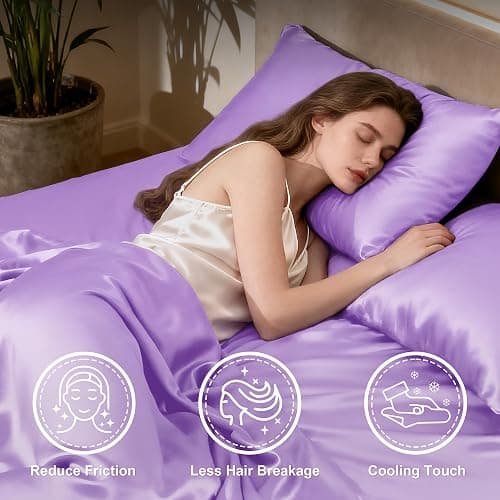 Love's cabin 4Piece California King Satin Bed Linen Set, Lavender Silky Satin Sheets, Deep Pocket, Luxury Silk Feel, 1 Flat, 1 Fitted Sheet, 2 Pillow Cases thumbnail 3