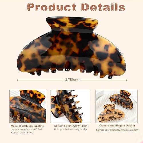 2 Pcs Large Hair Claw Clips Tortoise Shell Big Claw Hair Clips for Thick Hair Strong Hold No Slip Grip Hair Jaw Clips for Women thumbnail 5