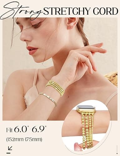 JR.DM Gold Beaded Bracelet Bands Women Compatible with Apple Watch 40mm 42mm(S10/11) 41mm 38mm Dressy Fancy Stretchy Elastic Jewelry Strap Replacement for iWatch Series 11/10/9/8/7/6/5/4/3/2/1/SE thumbnail 2