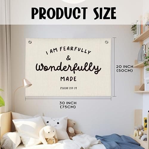 Wheatwin Kids Room Decor - Bible Verse Wall Hanging, 'I am Fearfully and Wonderfully Made' Linen Banner, Canvas Decoration for Classroom, Nursery, Kids Room - Psalm 139:14 thumbnail 3