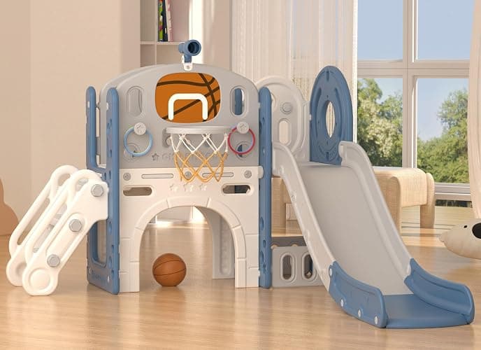 XJD 8 in 1 Toddler Slide Set, Kids Slide for Toddlers Age 1+, Toddler Climber Slide PlaySet with Basketball Hoop and Ball,Outdoor Indoor Playground for Toddlers 1-3 (Blue Gley, 8 in 1) - Image 1