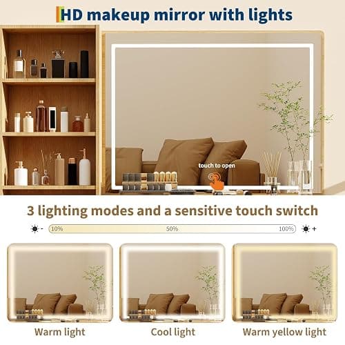 Jojoka Vanity Desk with 3-Color LED Lighted Touch Mirror, Makeup Vanity with Charging Station (2 AC+2 USB), 5 Drawers & Glass Top Jewelry Storage, Modern Dressing Table for Bedroom thumbnail 7