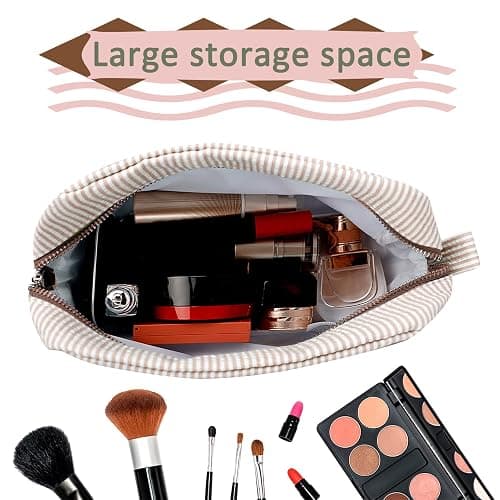 GFU Cosmetic Bags for Women, Seersucker Cosmetic Bag, Travel Toiletry Stripe Makeup Bag, Large Women Aesthetic Organizer Storage Pouch, Girls Handbags Purses, brown thumbnail 2