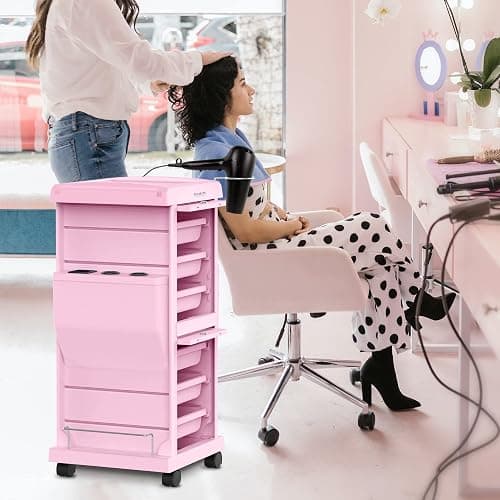 TASALON Professional Salon Trolley Cart, Lockable 6 Trays & 2 Holders, Space Saving Mobile Storage for Hair Salon and Beauty Station​ - Pink thumbnail 7