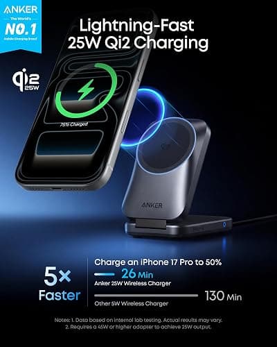 Anker Prime 3-in-1 Wireless Charging Station, MagSafe Charger Stand Compatible, Qi2.2 25W Certified Palm-Sized Foldable Charger for iPhone 17/16, Apple Watch, AirPods (Non-Battery, Adapter Included) thumbnail 2