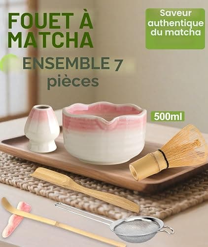 JBER Matcha Kit 7 Pièces, Matcha Set - Fouet en Bambou pour Matcha, Bol à Matcha à Buse, Support pour Fouet, Tamis à Matcha, Kit de Thé Japonais pour Amoureux du Matcha - Dégradé Rose thumbnail 2