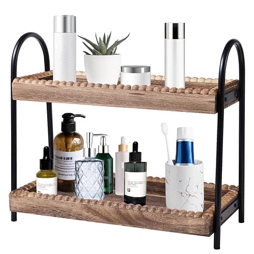 BDBDYEAY Bathroom Countertop Organizer, 2 Tier Vanity Organizer and Storage for Cosmetic Skincare Perfume, Wood Bead Storage Shelf for Bathroom Kitchen Coffee Station - Image 1