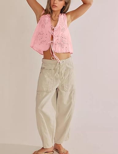 Peaceglad Womens Vest Top Trendy Floral Embroidered Eyelet Tie Front Tops Fashion Crochet Lace Hollow Out Vests thumbnail 5