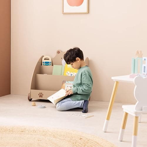 Navaris Bücherregal für Kinder - Kinderzimmer Regal für Bücher und Spielzeug aus Holz - 60 x 58 x 40 cm - Buchregal mit Rollen - Organizer Braun Bär thumbnail 2