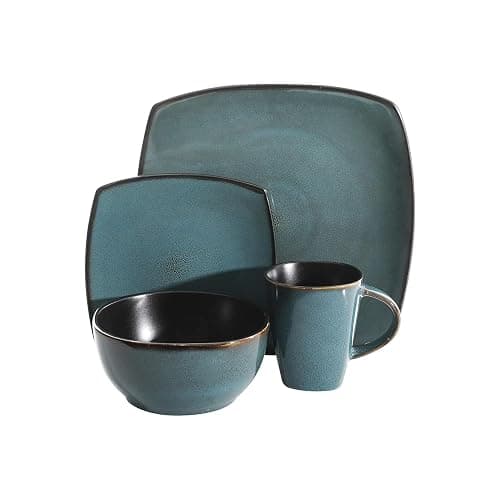 Gibson Elite Soho Lounge 16 Piece Reactive Glaze Dinnerware Set, Soft Square, Teal Green, Service for 4 (16pc) thumbnail 3