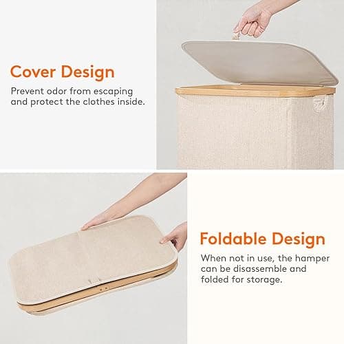 Lifewit 100L Laundry Basket with Lid, Clothes Hampers for Laundry with Bamboo Handles and A Removable Bag, Large Foldable Laundry Hamper for Bedroom, Bathroom, Dorm, Laundry Room, Beige - Beige - 100L thumbnail 6