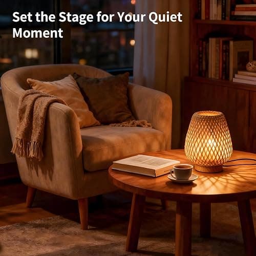 URLIGHTS Table Lamp with Double Layer Woven Shade Wood Base,Desk Bedside Small Lamps with 6ft Power Cord, 110V Plug, Dimmable E26 Socket (Bulb Included) for Living Room Night Stands Bedroom thumbnail 3
