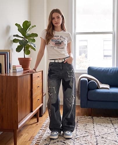Lafaguw Star Jeans for Women Girls High Waisted Cute Patchwork Y2K Pants | Girls Baggy Jeans,Women Preppy Y2K Pants,Loose Straight Leg,Frayed Star Patchwork,Retro Washed thumbnail 3