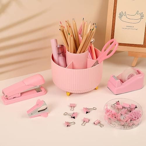 SKYDUE Pink Desk Accessories 10Pcs, Rotating Pen Holder for Desk, Stapler, Staple Remover, Tape Dispenser,2pcs Tape Refills, Binder Paper Clips Kit, Scissor,Pink Office School Supplies thumbnail 2
