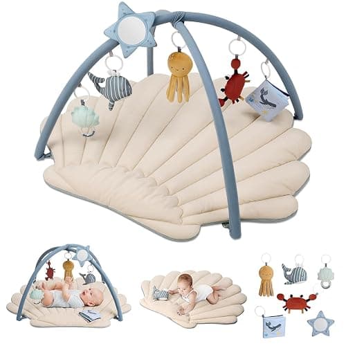 Blissful Diary Shell Baby Play Gym Mat, Softer & Enlarged Tummy Time Mat w 6 Detachable Toys for Sensory & Motor Skill Development, Activity Mat for Newborn Essentials Shower Gift, Boho Ocean Theme - Image 1