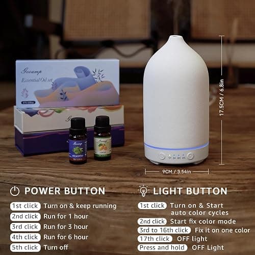Gooamp 200ML Ceramic Diffuser,Aromatherapy Diffuser,Essential Oil Diffuser with 7 Color Lights Auto Shut Off for Home Office Room, White Base (1/3/6/ON hrs Working time) thumbnail 2
