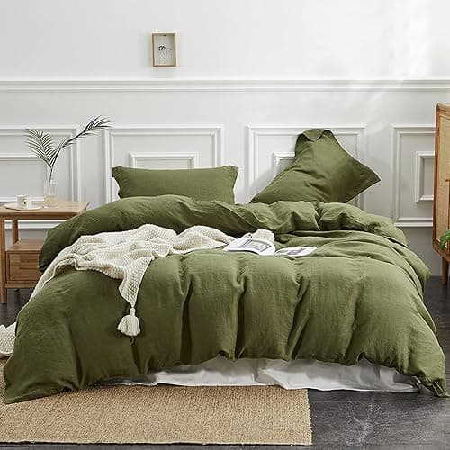 Simple&Opulence 100% Linen Duvet Cover Set 3pcs Basic Style Natural French Washed Flax Solid Color Soft Breathable Farmhouse Bedding with Button Closure - Olive Green, Queen - Queen - Olive Green - Image 1