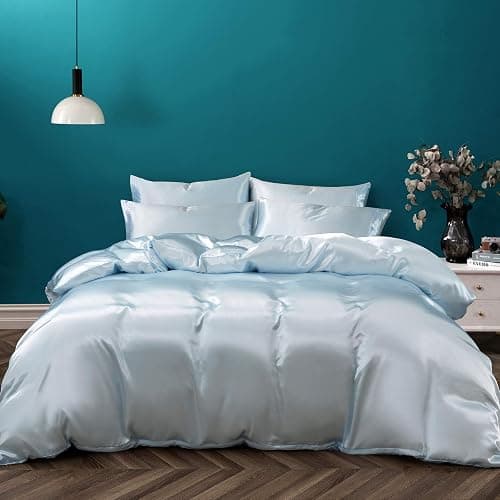 P Pothuiny 3 Pieces Satin Duvet Cover Twin/Twin XL Size, Luxury Silky Like Baby Blue Duvet Cover Bedding Set with Zipper Closure, 1 Duvet Cover + 2 Pillow Cases (No Comforter) - Twin/Twin XL - Baby Blue (No Comforter) thumbnail 4