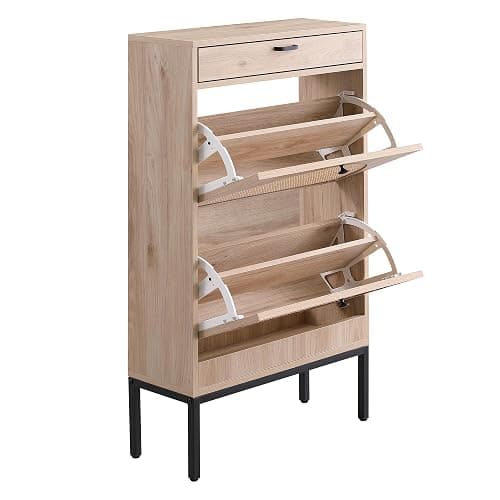 XIAO WEI Shoe Cabinet, Natural Semi Circle Rattan Shoe Storage Organizer Cabinet with 2 Flip Drawers, Freestanding Shoe Rack with Adjustable Shelf for Entryway thumbnail 4