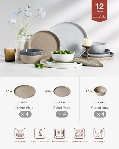Famiware Mars Plates and Bowls Set, 12 Pieces Dinnerware Sets, Dishes Set for 4, Multi-color thumbnail 3