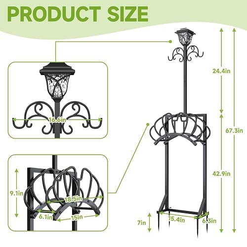 New Upgraded 3-in-1 Garden Hose Holder with Solar Light & Shepherds Hooks | Stores 160" Hose, Freestanding with Double Hooks for Hanging Decor - Perfect for Outdoor Yard, Lawn & Patio at Night thumbnail 3