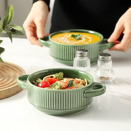 Howise Soup Bowls with Handles, 23 oz French Onion Soup Crocks, Stackable Soup Bowl Oven Safe for Chili, Beef Stew, Embossment Ceramic Bowl Set - 5.4 Inch, Set of 4 (Green) thumbnail 2