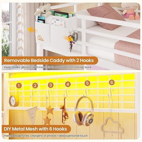 DICTAC Twin Size Loft Bed with L-Shaped Desk and 7 Storage Drawers,Metal Twin Loft Bed for Kids with LED Lights & Charging Station,Girls loft beds with 13.11" H Safety Guardrail and Stair,White+Pink thumbnail 8