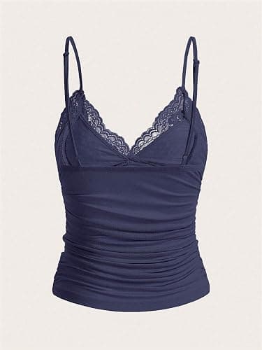 Naileksi Women Y2k Lace Trim Cami Top Spaghetti Strap Fairy Grunge Tank Top V Neck Ruched Bow Lace Patchwork Cami Shirt thumbnail 2